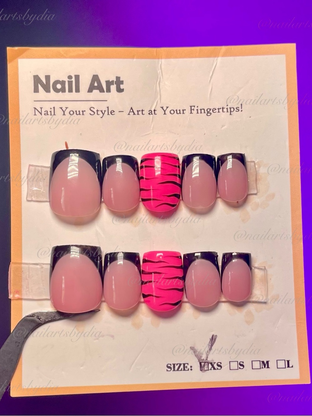 Pink & Black French Press-On Nails with Neon Pink Zebra Accent
